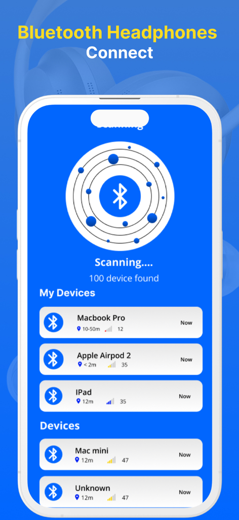 Bluetooth Finder : Ble Scanner - Interface of a Bluetooth scanner app showing a radar scan and a list of nearby devices with distance and signal strength
