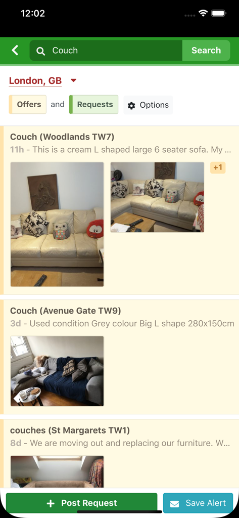 Trash Nothing + Freecycle - Search results for free couches on the Trash Nothing app showing listings with photos and descriptions in London