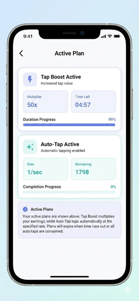 Tela mostrando planos ativos de impulso de toque e mineração automática no aplicativo XRP TapMiner.