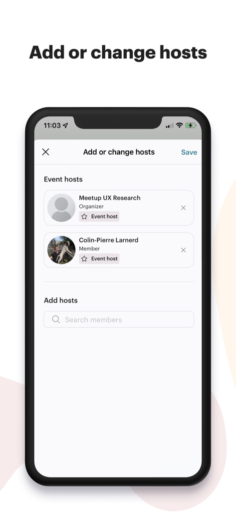 Interface of the Meetup for Organizers app showing how to add or change event hosts and search for members.