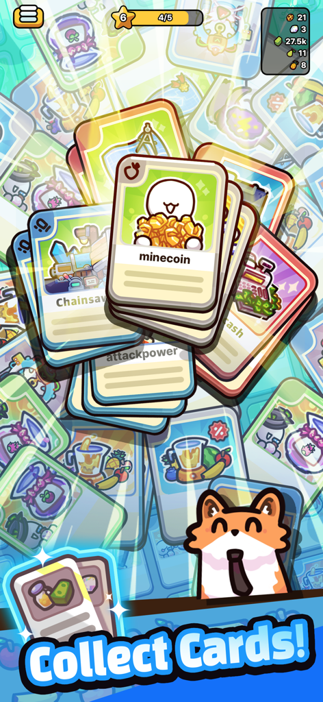 Chainsaw Juice King: Idle Shop - Una pantalla vibrante del juego móvil Chainsaw Juice King mostrando una colección de cartas de mejora como 'minecoin' y 'attackpower' con un lindo personaje de zorro.