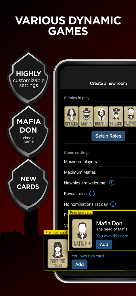 Interface of Mafia Game showing customizable room settings and role selection cards