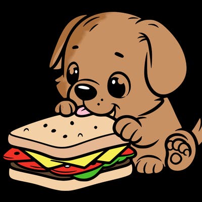 puppy trying to eat a large sandwich