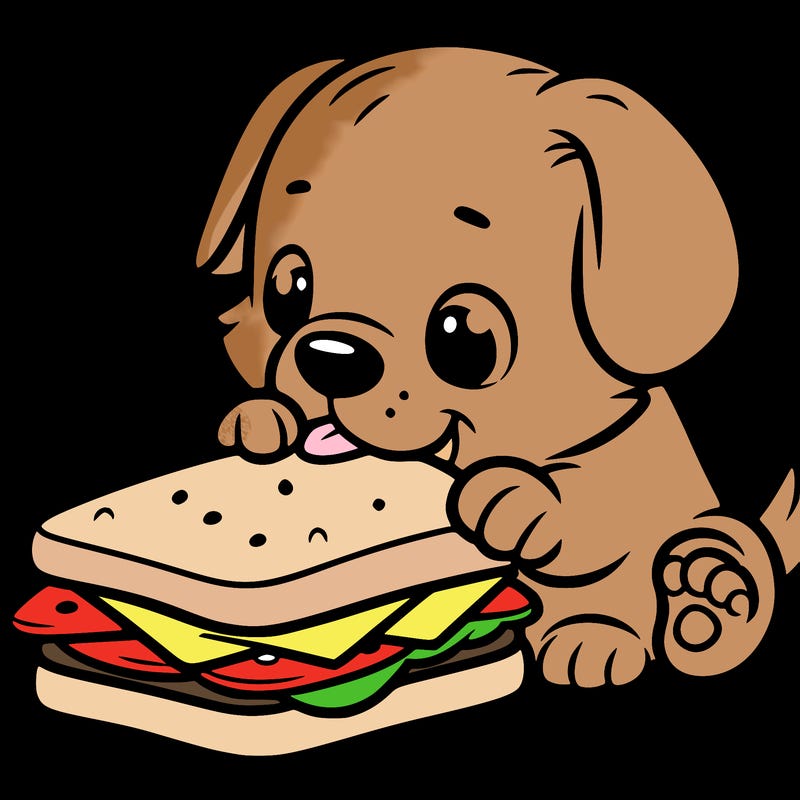 puppy trying to eat a large sandwich