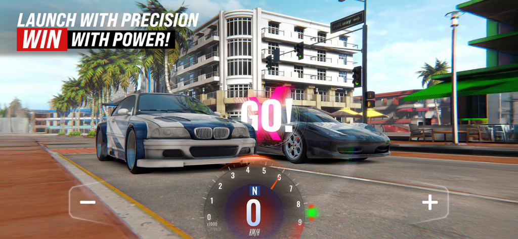 TDZ X: Traffic Driving Zone - Due auto sportive personalizzate allineate alla partenza di una gara di accelerazione su una strada urbana con un tachimetro digitale visualizzato in basso.