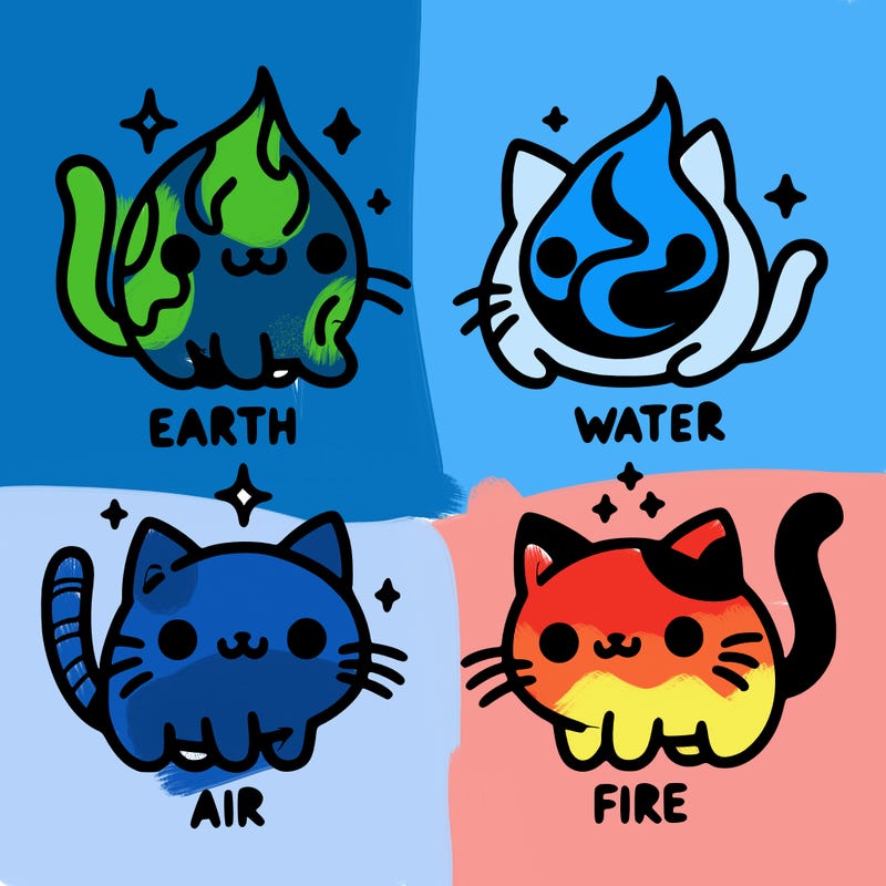4 cats that represent the different elements, earth, water, air, and fire