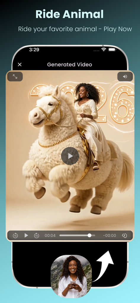 Bing video creator - Bing video creator app interface showing a woman riding a large fluffy white horse in an AI-generated video.