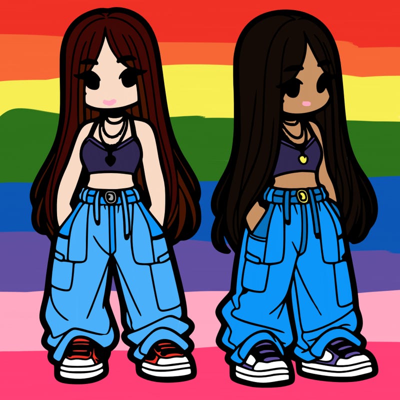 girl in baggy pants crop top and long hair