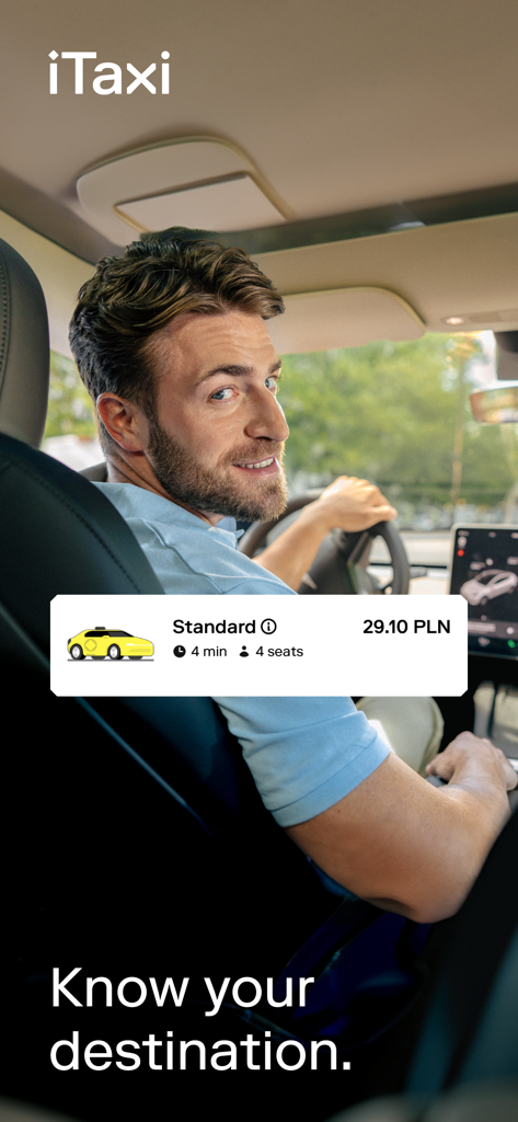 iTaxi - The Taxi App - Un conductor de taxi sonriente con una superposición de la app iTaxi mostrando un precio de viaje estándar y la hora de recogida.