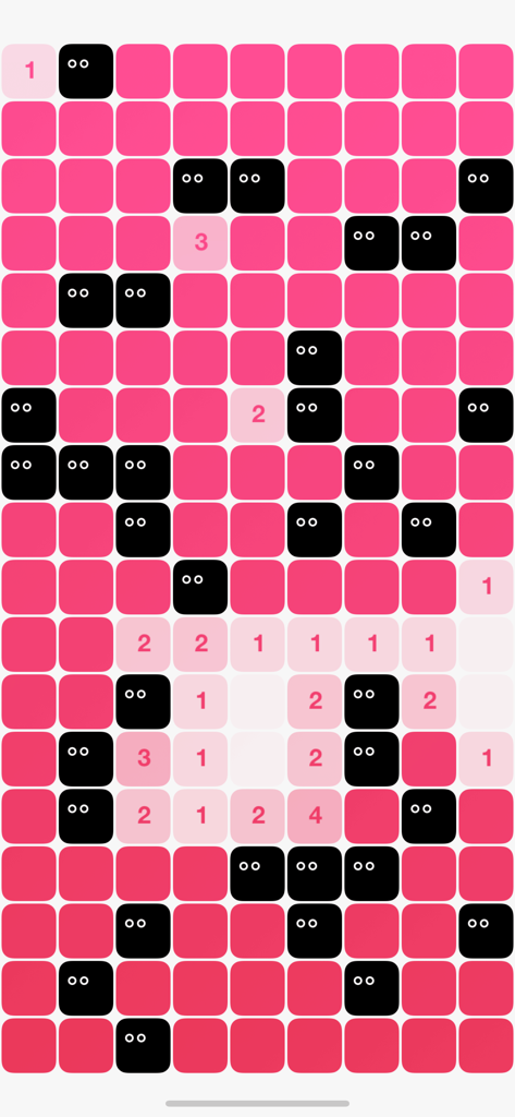 Don't catch Cats - Una pantalla de juego de rompecabezas minimalista que presenta una cuadrícula de fichas rosas y blancas con números y caras de gatos negros ocultos en un estilo similar al Buscaminas.