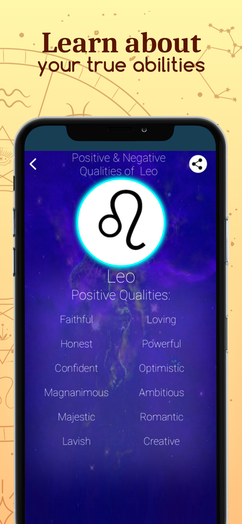 A list of positive Leo zodiac traits like faithful and honest displayed on a smartphone screen in the Daily Horoscope app.