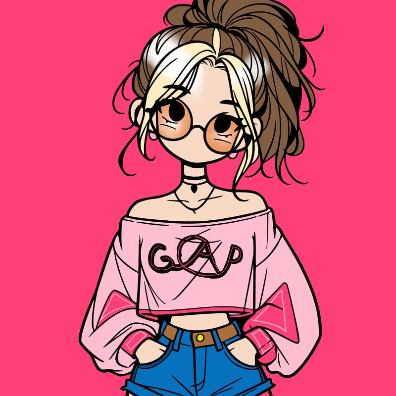 girl with a messy ponytail glasses a baggy crop top and jean shorts