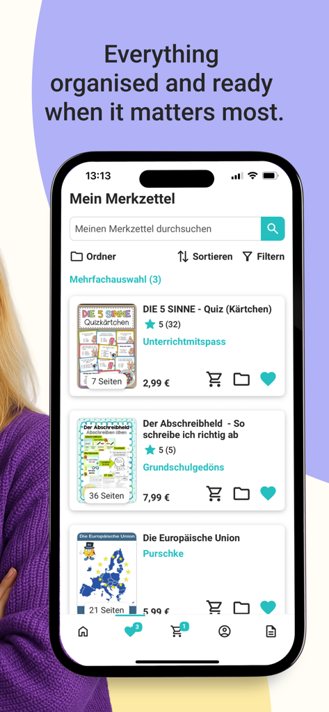 eduki: Teaching materials - Un écran de smartphone affichant la liste de souhaits de l'application eduki avec du matériel pédagogique et des ressources de classe organisés.