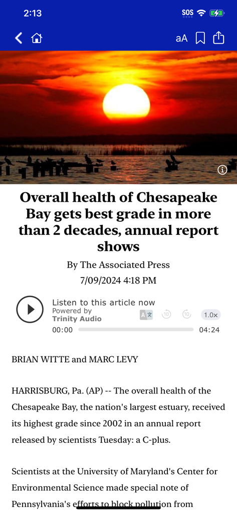 CBS19 News Now app article showing a report on Chesapeake Bay health