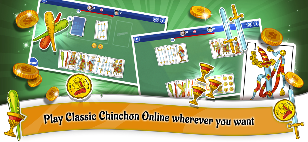 Chinchon Loco : Chat & Cards - Promo banner for Chinchon Loco card game featuring online gameplay with Spanish cards and gold coins