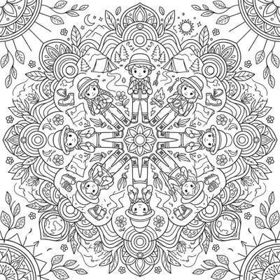 Embark on an artistic expedition with this captivating Teenage Explorers Mandala. This unique design beautifully merges the thrill of discovery with the calming precision of a symmetrical pattern, inviting colorists of all ages to explore their creativity.