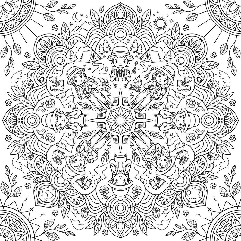 Embark on an artistic expedition with this captivating Teenage Explorers Mandala. This unique design beautifully merges the thrill of discovery with the calming precision of a symmetrical pattern, inviting colorists of all ages to explore their creativity.
