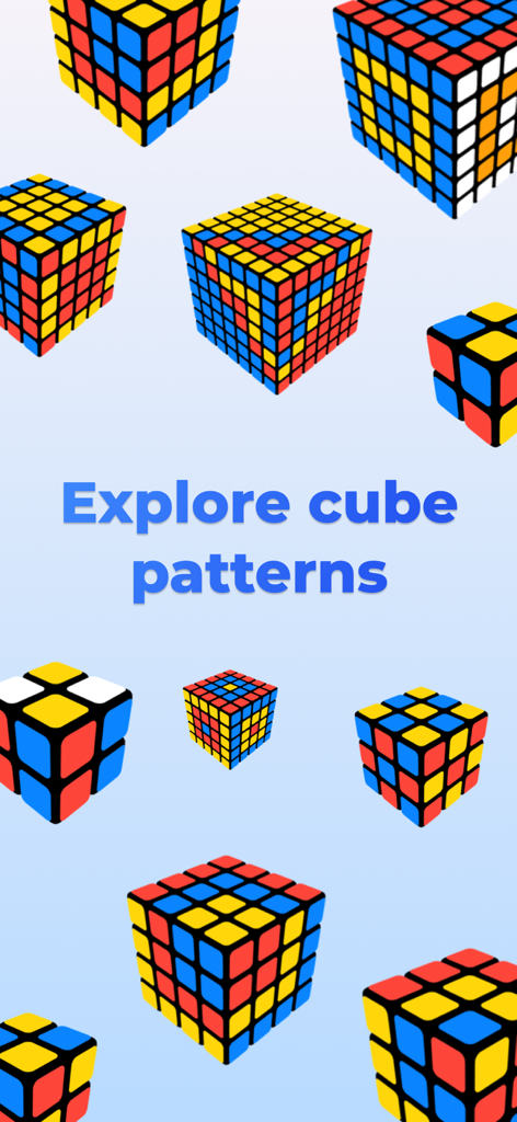 Various sizes of Rubiks cubes showing colorful patterns on a blue background