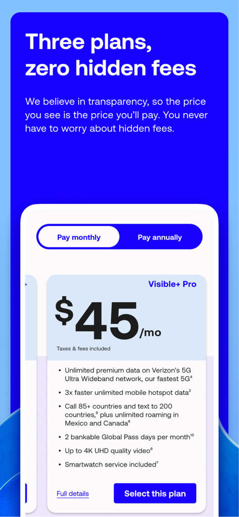 Visible mobile app screen displaying transparent monthly pricing for the Visible Plus Pro plan