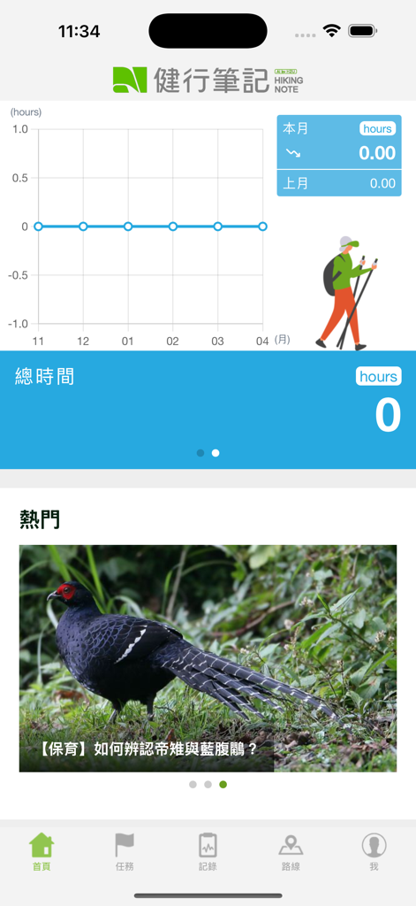 Startbildschirm der Hiking Notes App mit einem Monatsdiagramm der Wanderstunden und einem vorgestellten Artikel über die Identifizierung lokaler Vögel