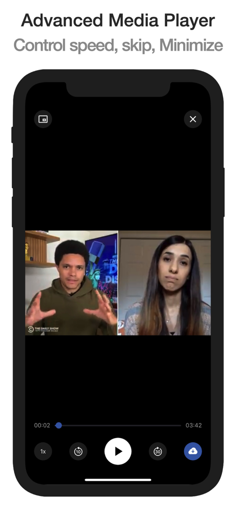 Advanced media player interface in the Friendly Social Browser app showing video playback controls