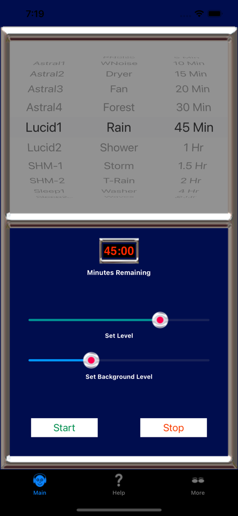 Astral Dreams App-Oberfläche, die Frequenzauswahl, Lautstärkeregler und einen Sitzungstimer anzeigt