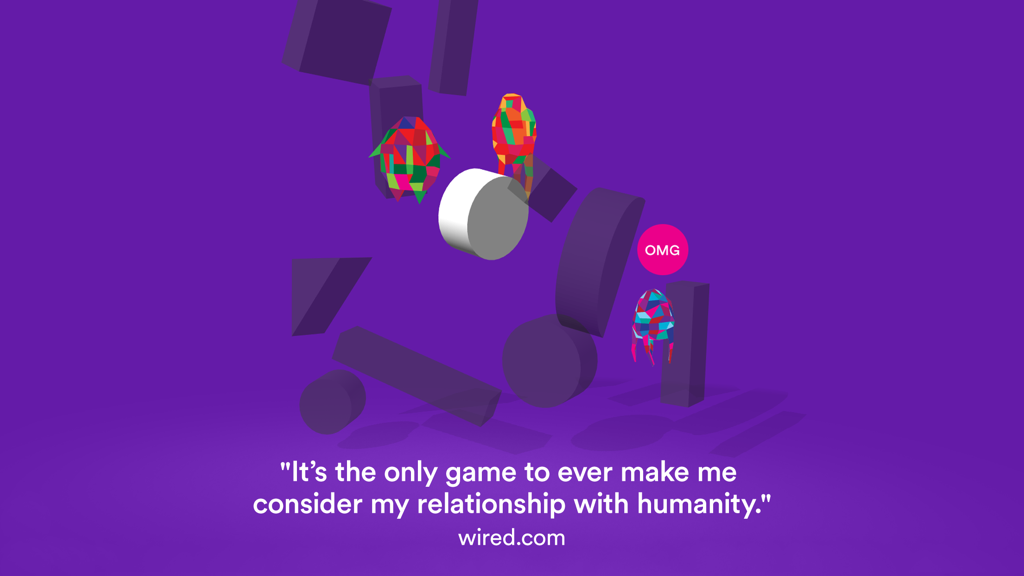 Dreii game screenshot featuring colorful geometric characters and a quote from wired.com on a purple background