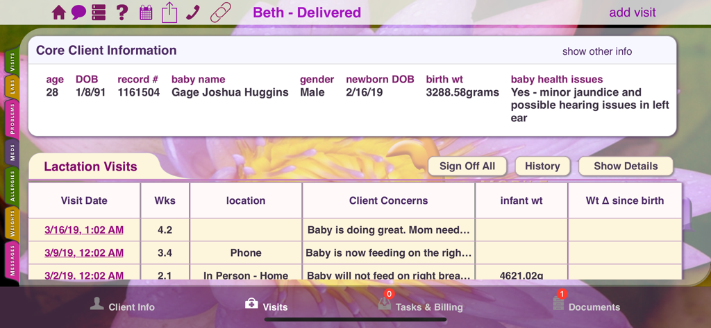 Interface of the Mobile Lactation Consultant app displaying client health information and a list of lactation visits.