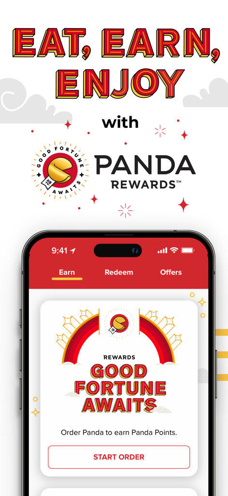 Tela do aplicativo móvel Panda Express mostrando o programa de fidelidade Panda Rewards com o slogan Eat Earn Enjoy