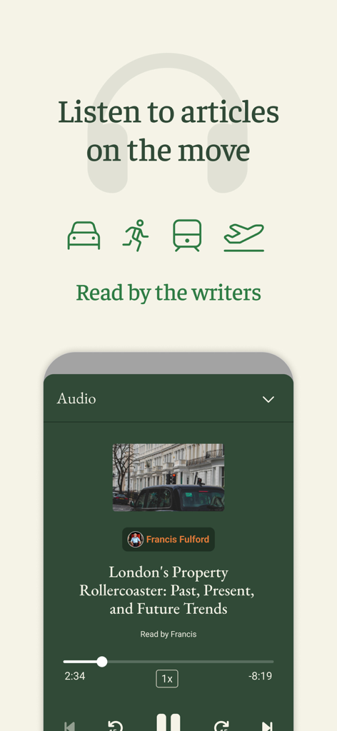 Scribehound mobile app interface showing an audio player for listening to articles read by writers while commuting or exercising.