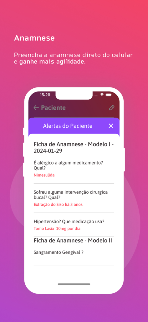 Uma interface de aplicativo móvel mostrando um formulário digital de anamnese e histórico médico do paciente