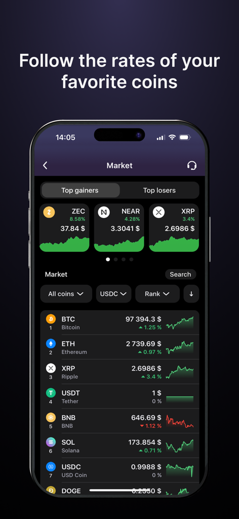 Pantalla de mercado de la aplicación móvil Trustee Plus que muestra tasas de criptomonedas en tiempo real y gráficos de precios