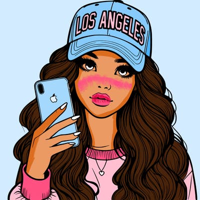 realistic beautiful girl wearing los ángeles cap holding an iphone