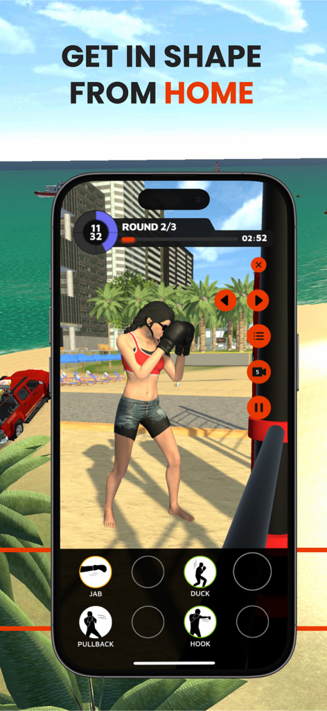 GoHit - Kickboxing Workout - Interfaz de aplicación móvil mostrando un entrenamiento virtual de kickboxing con un avatar femenino en un entorno de playa.