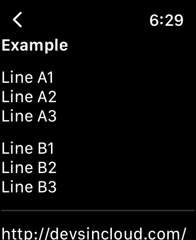 Complicated - complications - Apple Watch interface showing custom text lines from a JSON file in the Complicated app