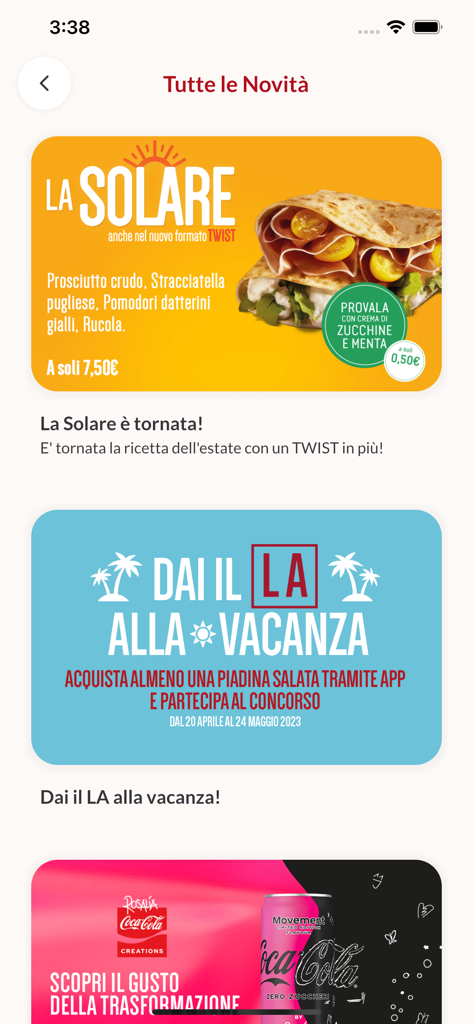 Pantalla de la app LA Piadineria mostrando promociones y ofertas de comida actuales