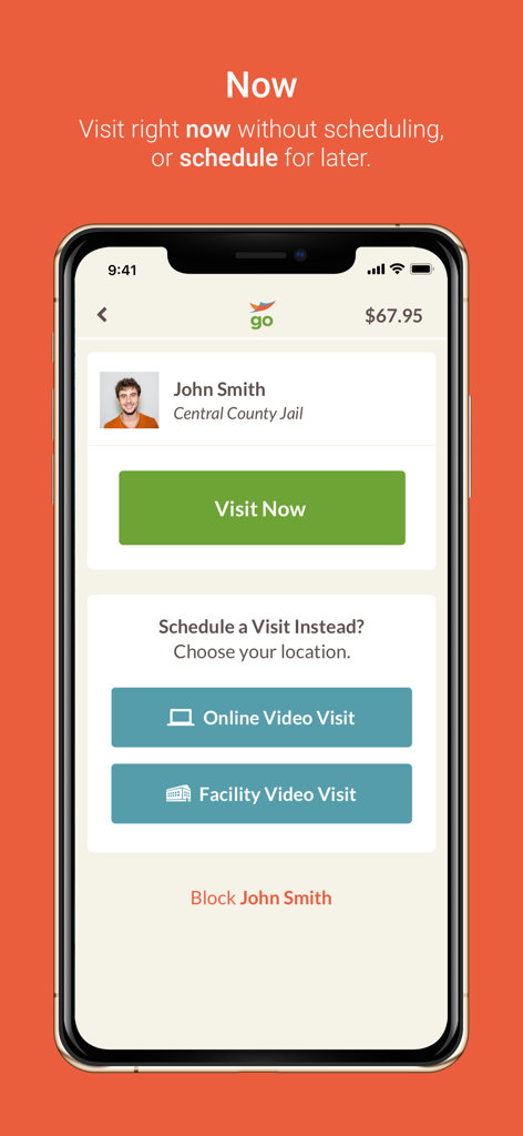 GettingOut Visits mobile app screen with a Visit Now button and scheduling options for inmate video calls.