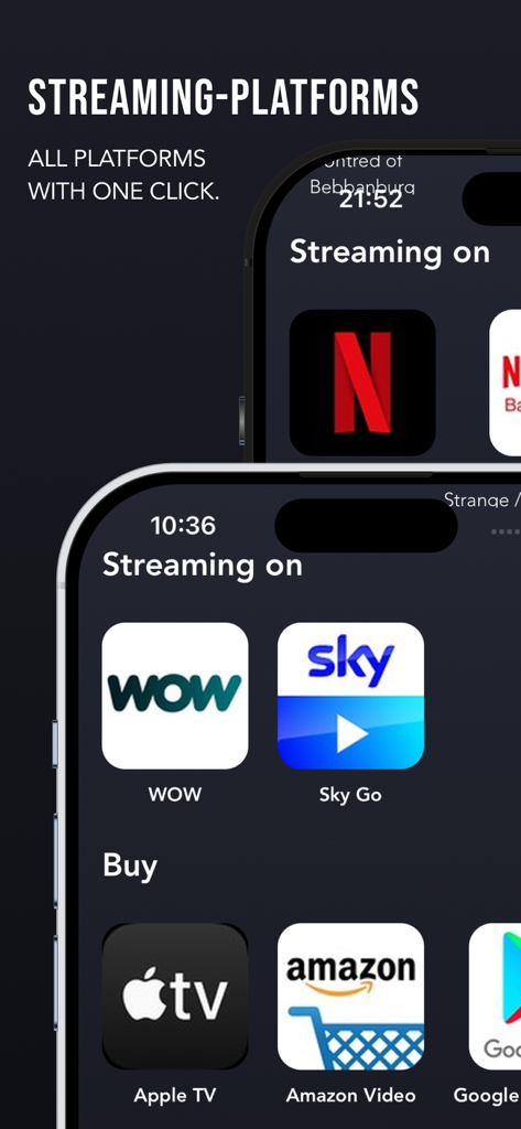 Screenshot of the Moviez app interface showing where to watch or buy movies on platforms like Netflix Sky Go Apple TV and Amazon