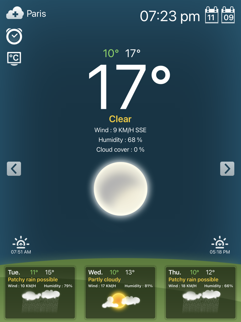 Weather for iPad app showing current clear conditions at 17 degrees with a three day forecast in night mode