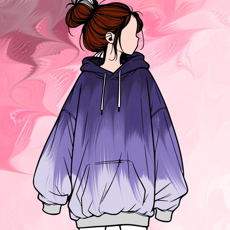 realistic girl with a oversized sweatshirt on and a bun