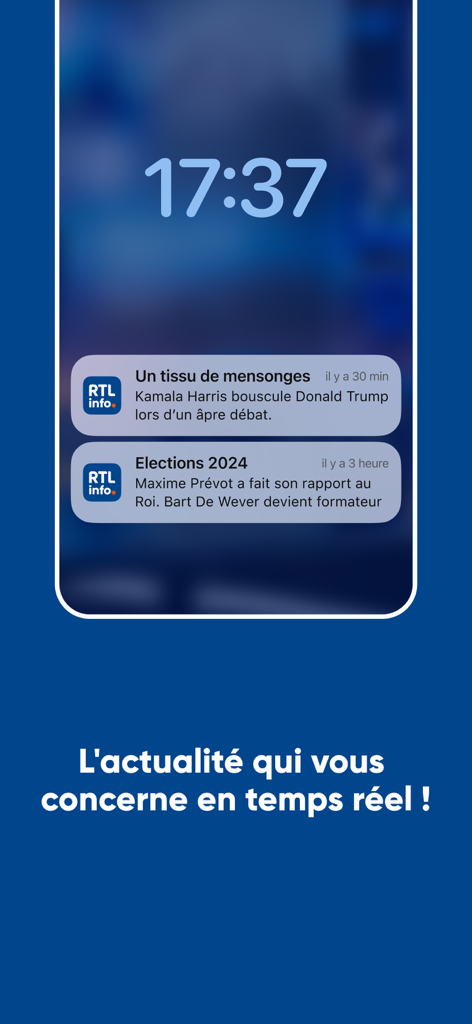 RTL info app notifications on a smartphone lock screen displaying real-time news updates