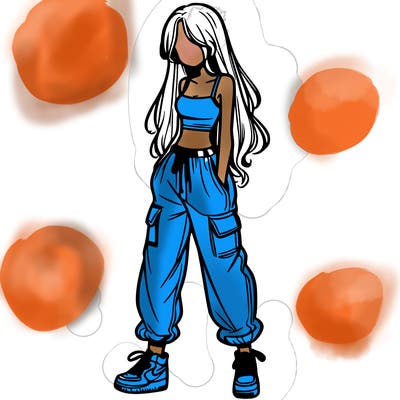 girl in baggy pants crop top and long hair