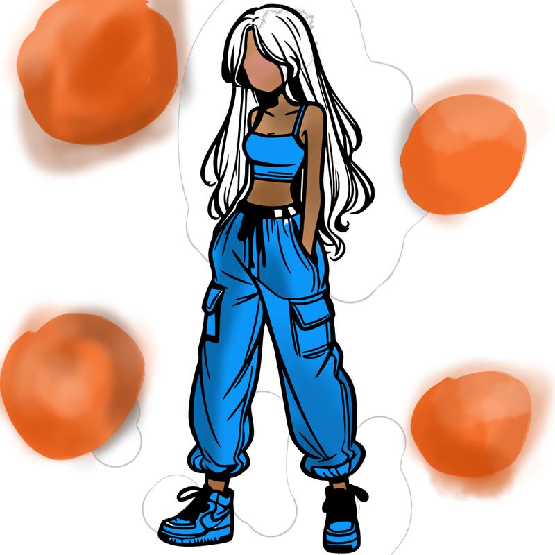 girl in baggy pants crop top and long hair