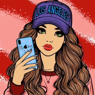 realistic beautiful girl wearing los ángeles cap holding an iphone
