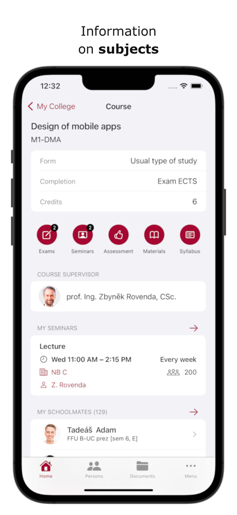 My College 2 - My College 2 app interface showing detailed course information for Design of mobile apps including schedule and supervisor