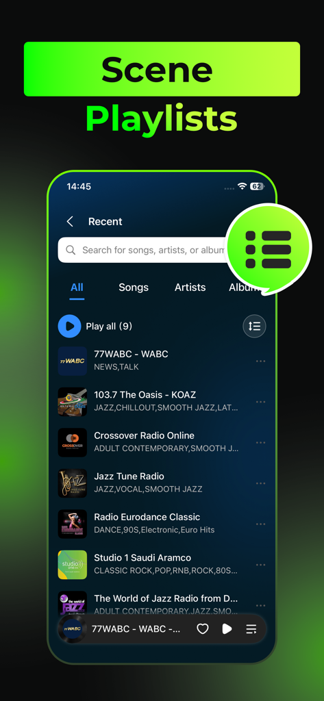 Captura de pantalla de la interfaz de la aplicación Música sin conexión mostrando una lista de listas de reproducción recientes y estaciones de radio con una barra de búsqueda y pestañas de navegación