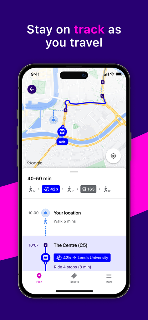 First Bus mobile app screen showing a live journey map and route directions from The Centre to Leeds University.