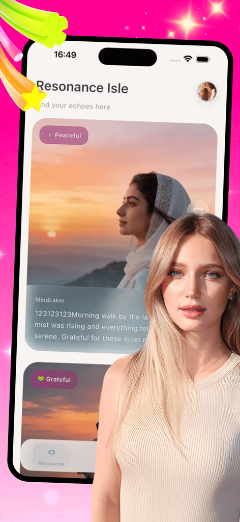 Minla - A smartphone showing the Minla app Resonance Isle screen with peaceful reflections and a glassmorphism design aesthetic.
