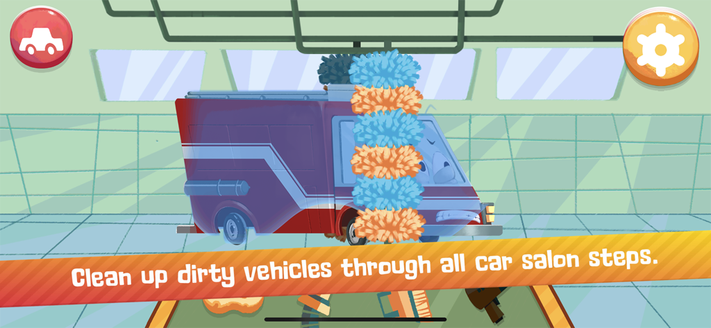 Vkids Vehicles: Games for kids - Un furgone viola dei cartoni animati che viene lavato in un simulatore interattivo di autolavaggio per bambini