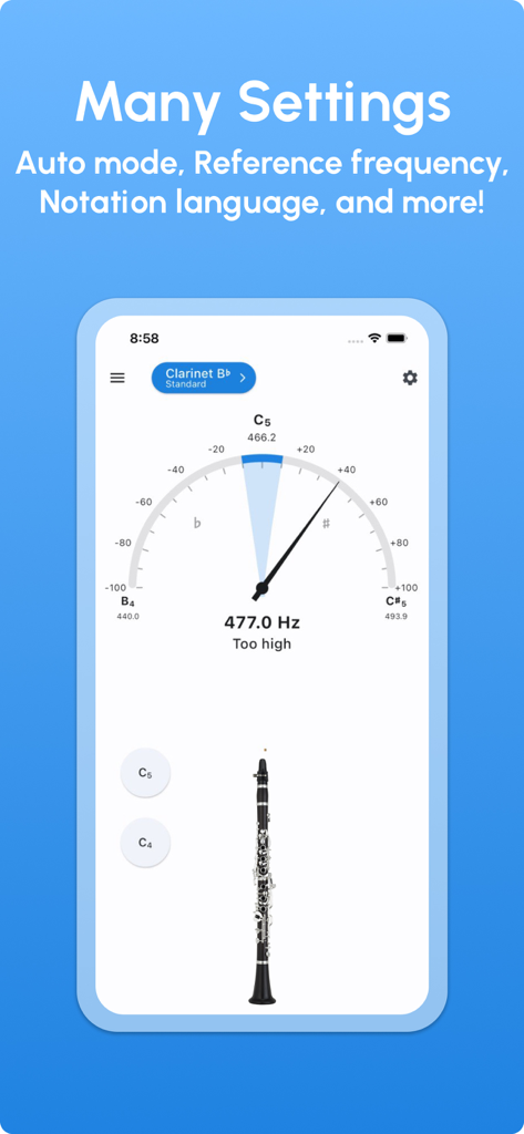 Clarinet Tuner - LikeTones - Clarinet Tuner app interface showing tuning meter and settings options